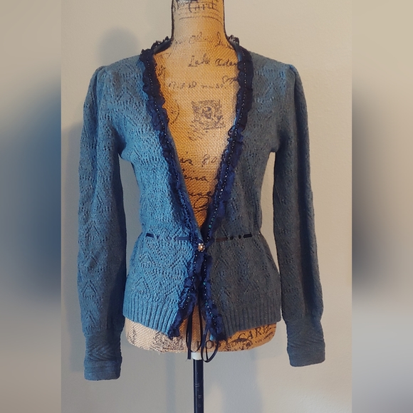 Whistles Wool Blend Cardigan Sweater w Lace Trim & Ribbon Tie Front Sz 4 - Picture 14 of 14